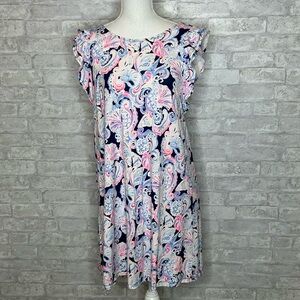 Lilly Pulitzer blue,pink and white print dress with ruffle sleeves size M